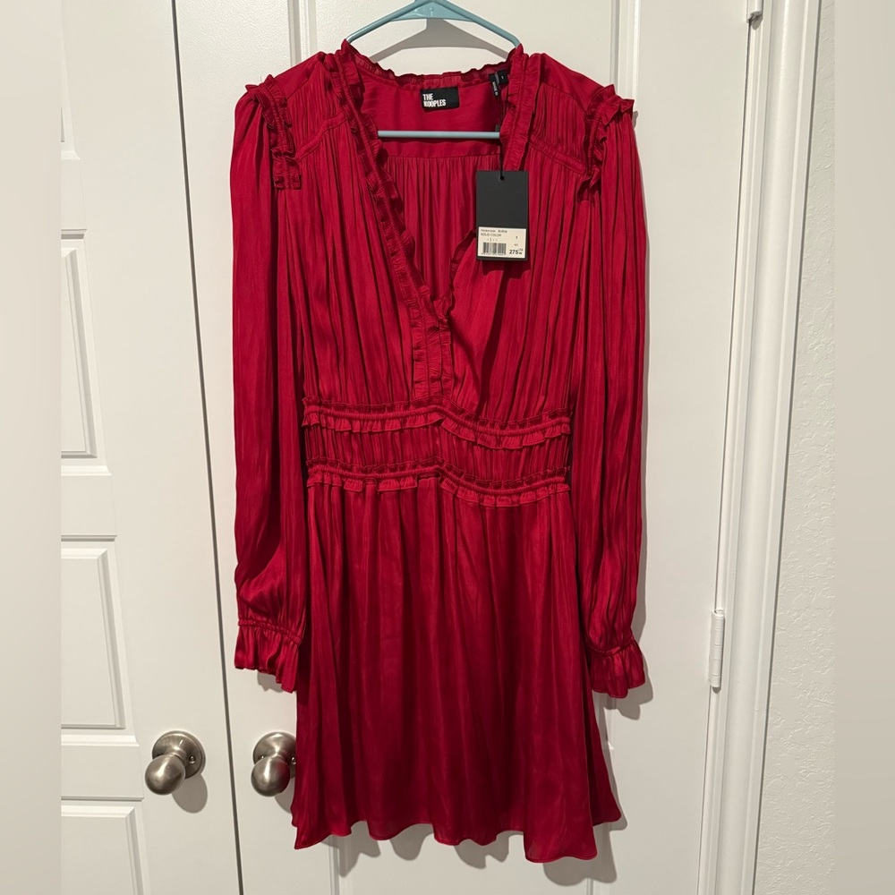 The Kooples Red Satin Ruffle-Trim V-Neck Mini Dress